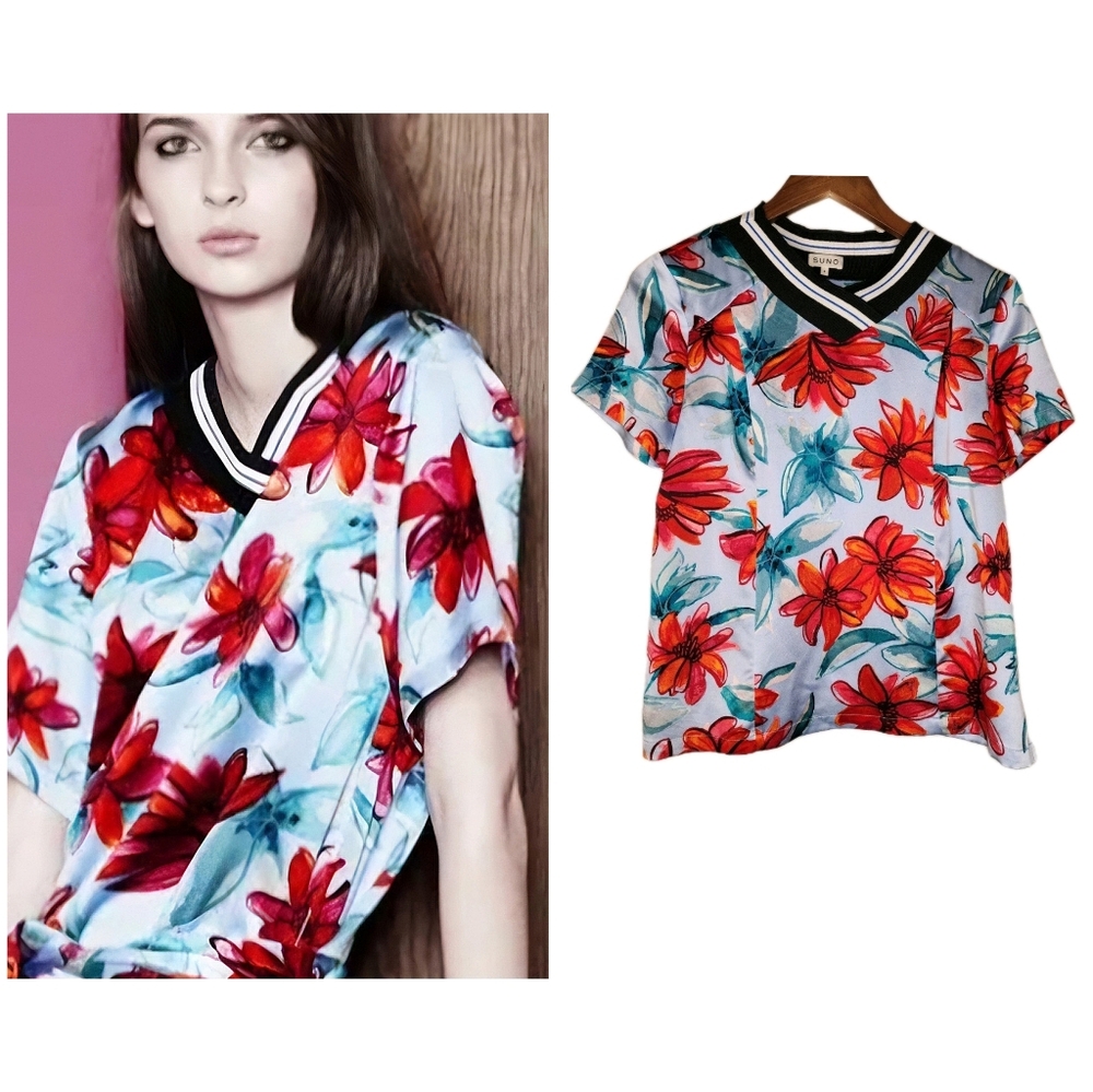 Suno Resort 15 Floral Print Short Sleeve Silk Top Size 4